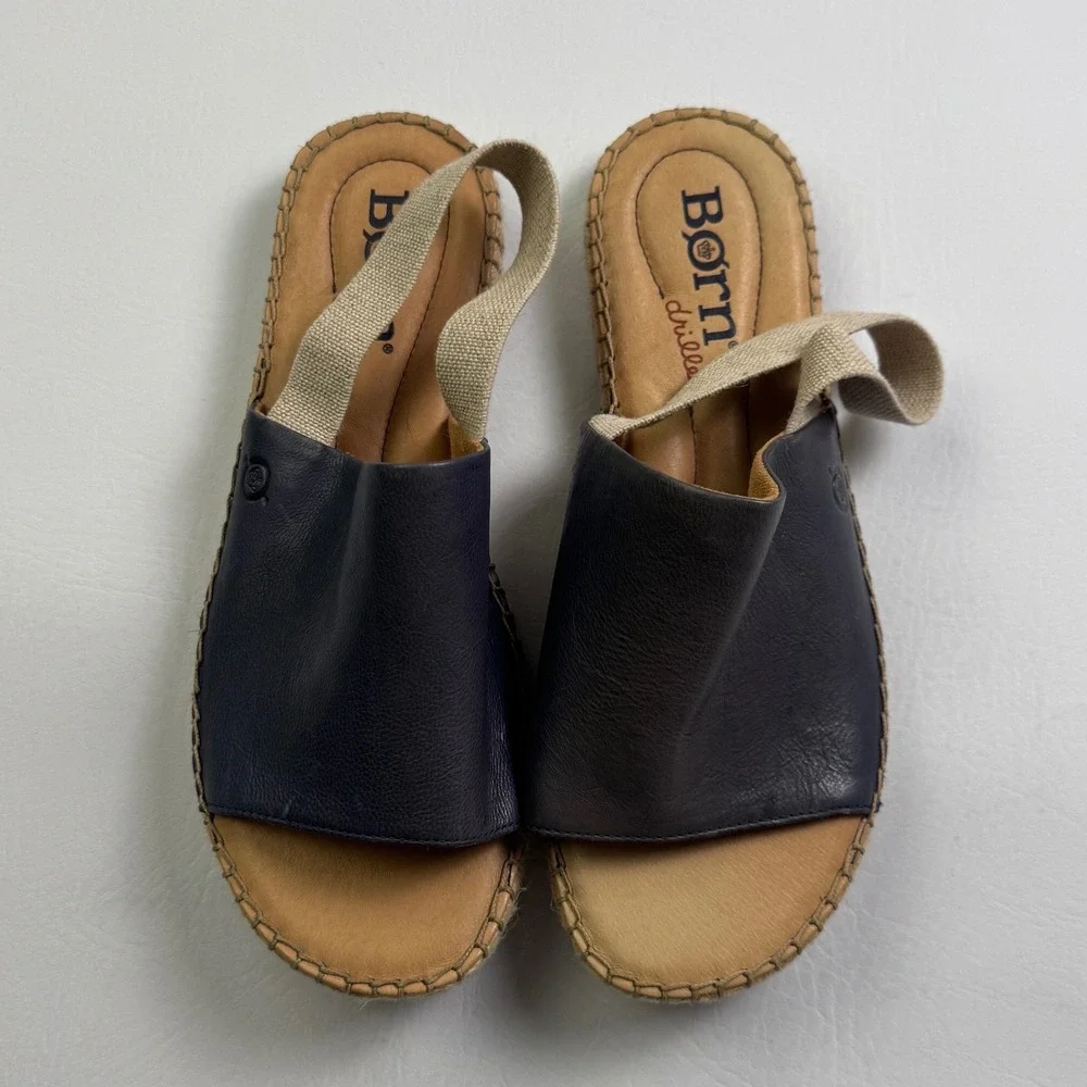Born Drilles Navy Blue Leather Espadrille Slingback Sandals Womens 9M BR0005434